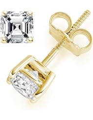 0.62 Carat F/VVS1 Asscher Certified Diamond Solitaire Stud Earrings in 18k Yellow Gold