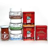 Artisan Spanish spices bundle, Smoked Traditional, Hot and Sweet Pimenton from La Vera region, Piment d'Espelette pepper and 3 cans of sea salt; normal, smoked and with herbs.
