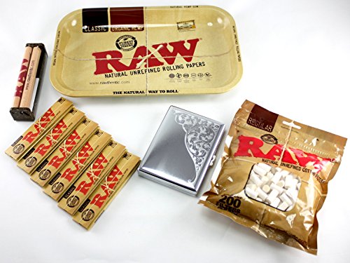 RAW Rolling Tray + 110mm RAW Roller + RAW King Size Rolling Papers + RAW Filter Tips + Skyway Rocco 100 s Cigarette Case Bundle / Kit