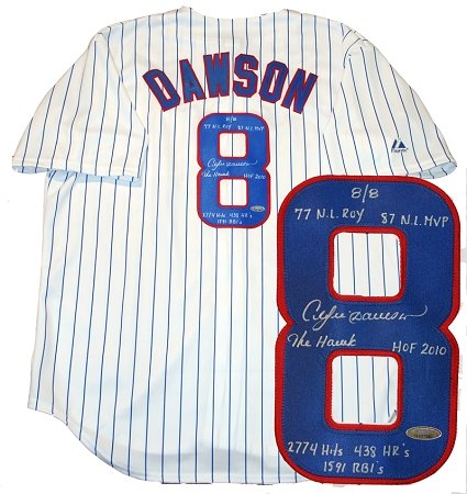 Andre Dawson Autographed Chicago Cubs Replica Jersey - Inscribed 77NLROY, 87NLMVP, The Hawk, 2774 Hits, 438 HR's, 1591 RBI's, HOF 2010
