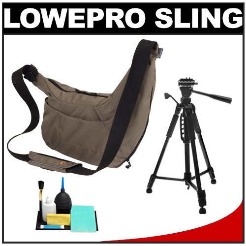 Lowepro Passport Sling Digital SLR Camera Case (Mica) + Tripod Kit for Canon Rebel T2i, T3, T3i, EOS 60D, 5D, 7D Nikon D3100, D5100, D7000, D300s &amp; Sony Alpha A35, A55, A65, A77, A560, A580