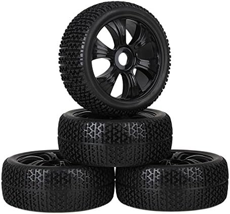 Mxfans RC 1:8 Off Road Car T-word Pattern Rubber Tires &amp; 17mm Drive Hex Black 6 spoke Plastic Wheel Rim for Pack of 4