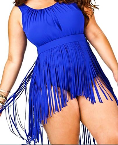 Geval Women's One Piece Fringed Bikini Plus Size Swimwear(Sapphire Blue,XL)