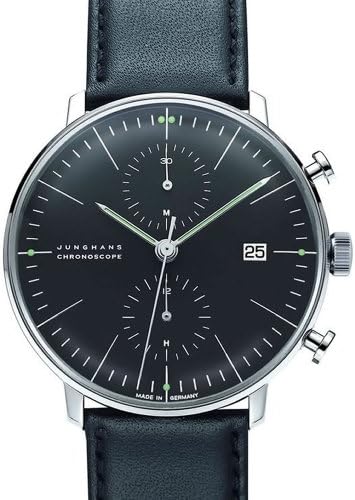 Max Bill Chronoscope Wrist Watch with Black Face Lined Markers and Date and Black Leather Band