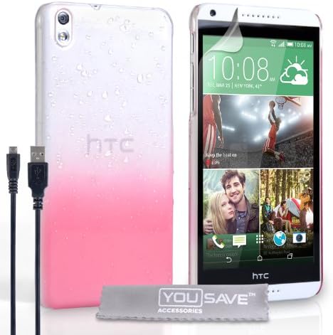 Yousave Accessories HTC Desire 816 Case Baby Pink / Clear Raindrop Hard Cover And Micro USB Cable