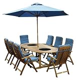 Fully Dressed 240x120cm Oval Fixed Leg Table with Integral Twin Black Granite Lazy Susan and 8 Atlantic 5-Position Reclining Armchairs (includes 8 Royal Blue Recliner Chair Cushions and a 300cm Silverwood Royal Blue Parasol)