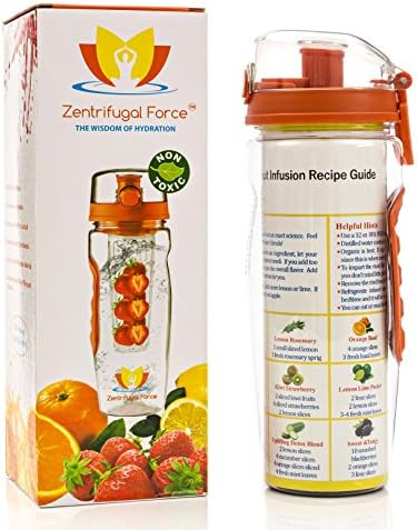 Fruit Infuser Water Bottle - Large 32 OZ - Leak Proof - Flip Top Lid With Rubber Grip And Carry Handle - Magnetic Infused Water Recipe Guide Included - By Zentrifugal Force