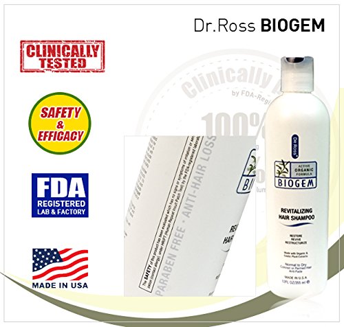 Dr ROSS Biogem Clinically Proven Hair Loss Shampoo 12oz. / SAFE & EFFECTIVE ! 100% Stopped Balding & 97% Noticed Increasing Hair Volume in Clinical Trials(12 weeks, 29 subjects) by an FDA-registered Lab in USA. No Minoxidil(drug), No Paraben. pH balanced revitalizing active organic formula. Made with organic plants extract.