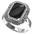 Sterling Silver Marcasite Rings with Black Onyx - Sizes: 6-10