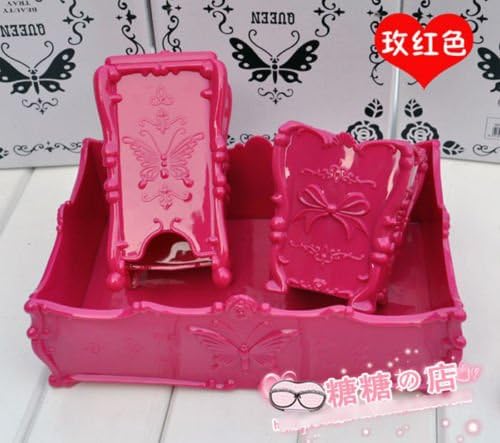 3x Acrylic Organizer Large Square Tray Makeup Brush Stand Holder Cotton Pad Case (Hot Pink)