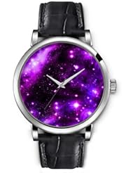 SPRAWL Aanalog Fashion Series Silver Ladies Watches of Genuine Black Leather Strap,Unique Wrist Watch for Women Girls Designed with violet galaxy