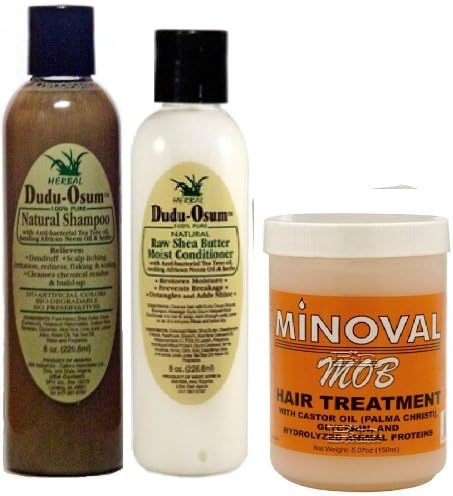 Dudu Osum and Minoval MOB Combo (Natural Shampoo and Sheabutter Conditioner with Minoval MOB Hair Treatment) Plus 1 Free of Apple EYE Pencil Color: Life Green
