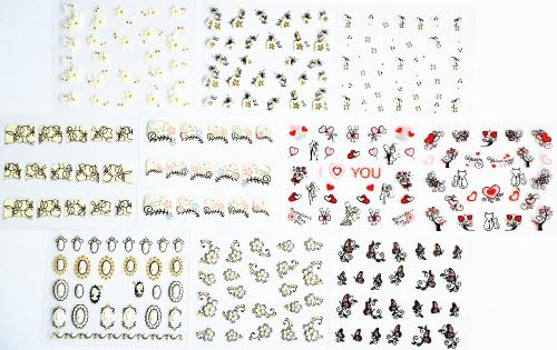 10pcs/package nail stickers decals multi mix designs including valentine's design with heart/dancing lovers/lovely cats/tree/roses/glitter butterflies/black and whtie flowers with gold/french semi-paste nail sticker/etc.