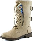 Women's Military Up Buckle Combat Boots Mid Knee High Exclusive Credit Card Pocket, Beige, 7.5