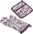 DII 100% Cotton, Machine Washable, Everyday Kitchen Basic, Damask Printed Oven Mitt and Potholder Gift Set, Eggplant