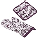 DII 100% Cotton, Machine Washable, Everyday Kitchen Basic, Damask Printed Oven Mitt and Potholder Gift Set, Eggplant