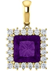 14K Yellow Gold 8.00x8.00mm Princess Cut Amethyst and Diamond Pendant -- LIFETIME WARRANTY
