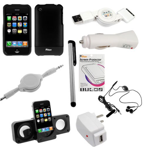 GTMax 9 Items Black Hard Case Charger Cable Stylus LCD Protector Accessory Bundle Kit for AT&T Apple iPhone 3G, 3GS 3G-S Cell Phone