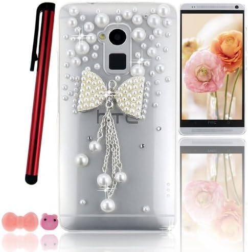 Ancerson New White Pearl Bow Bowknot Bowtie Pendant Tassel 3D Handmade Luxury Shining Glitter Crystal Diamond Rhinestones Protective Hard Back Case Cover Shell Skin for HTC One MAX T6 with a Pink Stylus Touchscreen Pen, a 3.5mm Universal Lovely Pig Dust Plug and a Bow Bowtie Bowknot Earphone Jack - Retail Package (Transparent Clear Case)