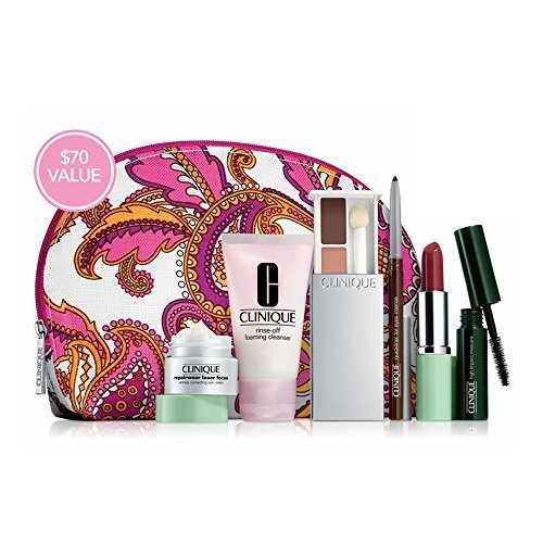 Clinique Gift Set with 7 Daily Essentials: Repairwear Laser Focus Wrinkle Correcting Eye Cream, Rinse Off Foaming Cleanser, High Impact Mascara, All About Shadow Duo, Quickliner for Eyes Intense, Long Last Lipstick, Cosmetic Bag