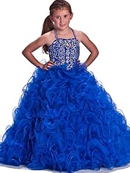 Girls Floor Length Organza Beaded  Tiered Crystal Lace Sequined Crystals Pageant Dress  With Ruffles