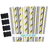 Outside the Box Papers Gray and Yellow Stripe and Chevron, Polka Dot Paper Straws 7.75 Inches 75 Pack Gray, Yellow, White