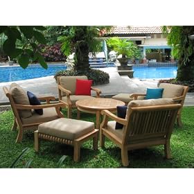 New Luxurious 7 Piece Teak Sofa Set - 4 Lounge Chairs, 2 Ottomans and 36 Round Coffee... by WholesaleTeak
