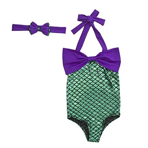 Newland Girl's One Piece Mermaid Swimwear Swimsuit Bathing Suit+Headband 90