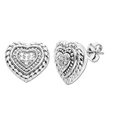 Sterling Silver Textured Diamond Heart-Shaped Earrings