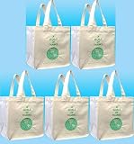 100% Cotton Canvas "A World of Thanks" Print, Grocery/Multipurpose Tote Bag 5 Pack, Wide 8.5 Inch Flat Bottom