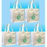 100% Cotton Canvas "A World of Thanks" Print, Grocery/Multipurpose Tote Bag 5 Pack, Wide 8.5 Inch Flat Bottom