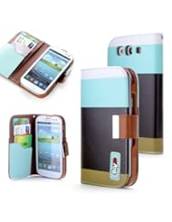 Wireless: Bayke Brand / Samsung Galaxy S3 SIII (At&t / Verizon / US Cellular / Sprint / T-Mobile / Unlocked) Fashion Designer Colorful PU Leather Wallet Case with Strap with Stand with Magnetic Clip Credit Card Slots & Holder (Sky Blue+Black+Olivedrab) - BAYKE