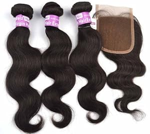 Meiz Hair® Extensions 3 Bundles + 1 Closure Body Wave Virgin Brazilian Hair Unprocessed Raw Weaving Extension, 3 Bundles 300 gram/ Pack Natural Color (1B) (20 22 24 +16