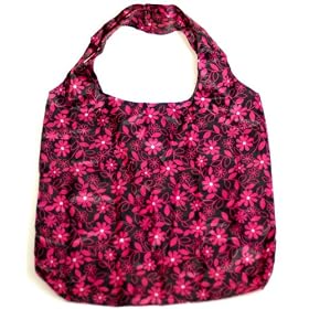 Eco-Friendly Reusable Foldable Shopping Tote Bag with Clip On Pouch - Hot Pink Floral Print