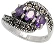 Sterling Silver Marcasite Fancy Ring, w/ Oval Cut Amethyst CZ, 1/2 (13mm) wide