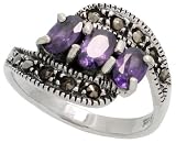 Sterling Silver Marcasite Fancy Ring, w/ Oval Cut Amethyst CZ, 1/2 (13mm) wide