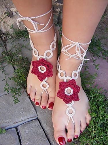 Foot Jewelry, Red Sandals, Blue Beach Anklet, Bridal Jewelry, Wedding Jewelry, Nature Inspired, Feet Accessories, Destination Wedding (Dark Red)