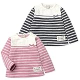 ベビー服 女の子 Tシャツ 長袖 UZULAND 接結天竺 レース切替 リボン装飾 ボーダー柄 女児 ベビー (1.ピンク/95cm)