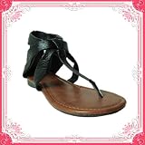 Women's Qupid Black Leatherette Snake Gladiator Thong Flat Sandals (Agency173)