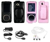 PCMICROSTORE Brand 4n1 Combo Microsoft Zune 4gb 8gb Premium Leather Case with Rotating Belt Clip - Bundled 12v Rapid Premium Car Charger - Home Travel Wall AC Adapter Charger - AV Audio Video Cable - 5 Color Choices