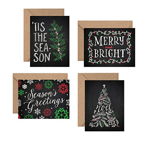 Set of 12 Christmas Cards - Chalk Art Holiday Pack (12 Christmas Cards + Envelopes) - 4 Unique Chalkboard Designs - By Palmer Street Press
