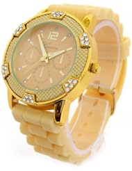 Womens Beige with Gold Faux Chronograph Silicone Rubber Jelly Watch with CZ Crystal Rhinestones Face Bling Bezel - BeigeGold