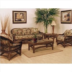 St. Lucia Upholstered Rattan Deep Seating Group in Antique Finish Fabric: Palm Grove