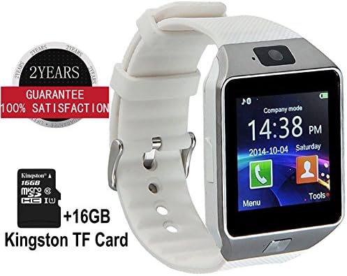 Bluetooth Smart Watch DZ09 with 16GB TF Card and SIM Card Slot Wrist Watch for Android Samsung S5 S6 Note 4 Note 5 HTC Sony LG and iPhone 5 5S 6 6 Plus Smartphone (White Band Sliver Dial)