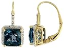 14k Yellow Gold 3/4" (20mm) tall Lever Back Earrings, w/ 0.10 Carat Brilliant Cut Diamonds & 6.00 Carats 8mm Princess Cut Radiant Blue Topaz Stones