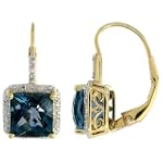 14k Yellow Gold 3/4 in. (20mm) tall Lever Back Earrings, w/ 0.10 Carat Brilliant Cut Diamonds & 6.00 Carats 8mm Princess Cut Radiant Blue Topaz Stones