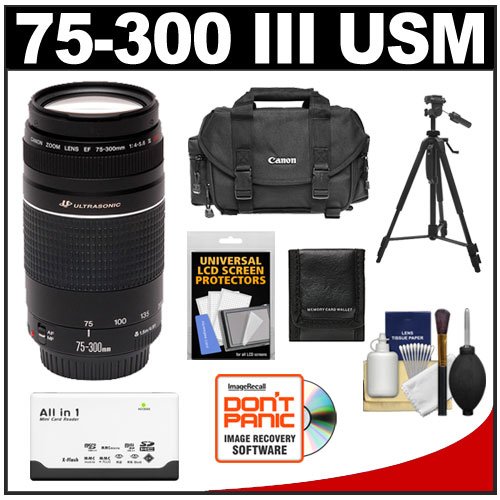 Canon EF 75-300mm f/4-5.6 III USM Zoom Lens + Canon DSLR Case + Tripod Kit for EOS 5D Mark II III, 6D, 7D, 70D, Rebel T3, T3i, T5i, SL1 Digital SLR Cameras On Sale