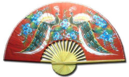 Asian Art, Décor, & Gifts – 40″ Red Painted Thai Silk & Bamboo Decorative Wall Fan – Wisdom Peacocks