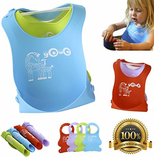 SUPER VALUE PACK | 2 Silicone Baby Bibs for Toddlers with Food Catcher | Waterproof yOuC Bib | Stylish for Girls and Boys | Babies 3 Month or Older | Elegant Design Set | Green & Blue | Red & Purple | Snaps Adjustable for Your Growing Toddler | Cool Pattern, Folding Pocket Toddlers Will Love | Compare to Babybjorn Soft Plastic | Water Resistant, Anti-toxic, Eco-friendly, Washable, Safe & Healthy | No More After Meal Clean up and Stained Children Clothing | Ideal Travel Companion | 100% Lifetime Guarantee