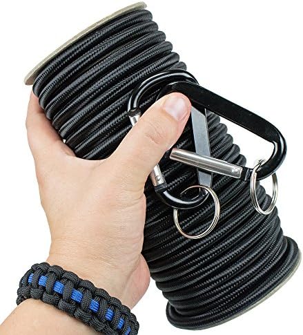 Shock Cord - Marine Grade, with 2 Carabiners  1/8", 3/16", 1/4" on 25/50/100 ft. Spools.  6 Colors, Made in USA.  Also called bungee cord, stretch cord &amp; elastic cord. EBlue, 3/16 x 50 Feet